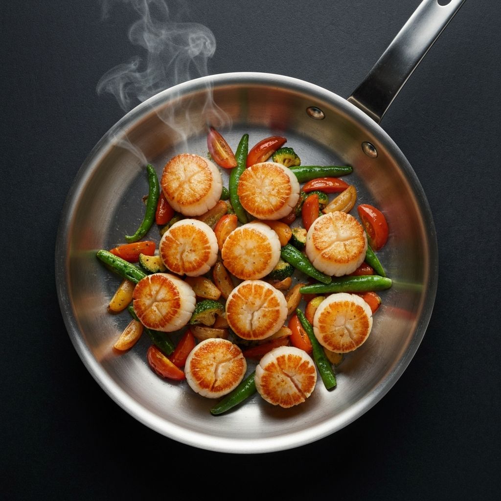 Perfectly seared scallops in an All-Clad stainless steel skillet