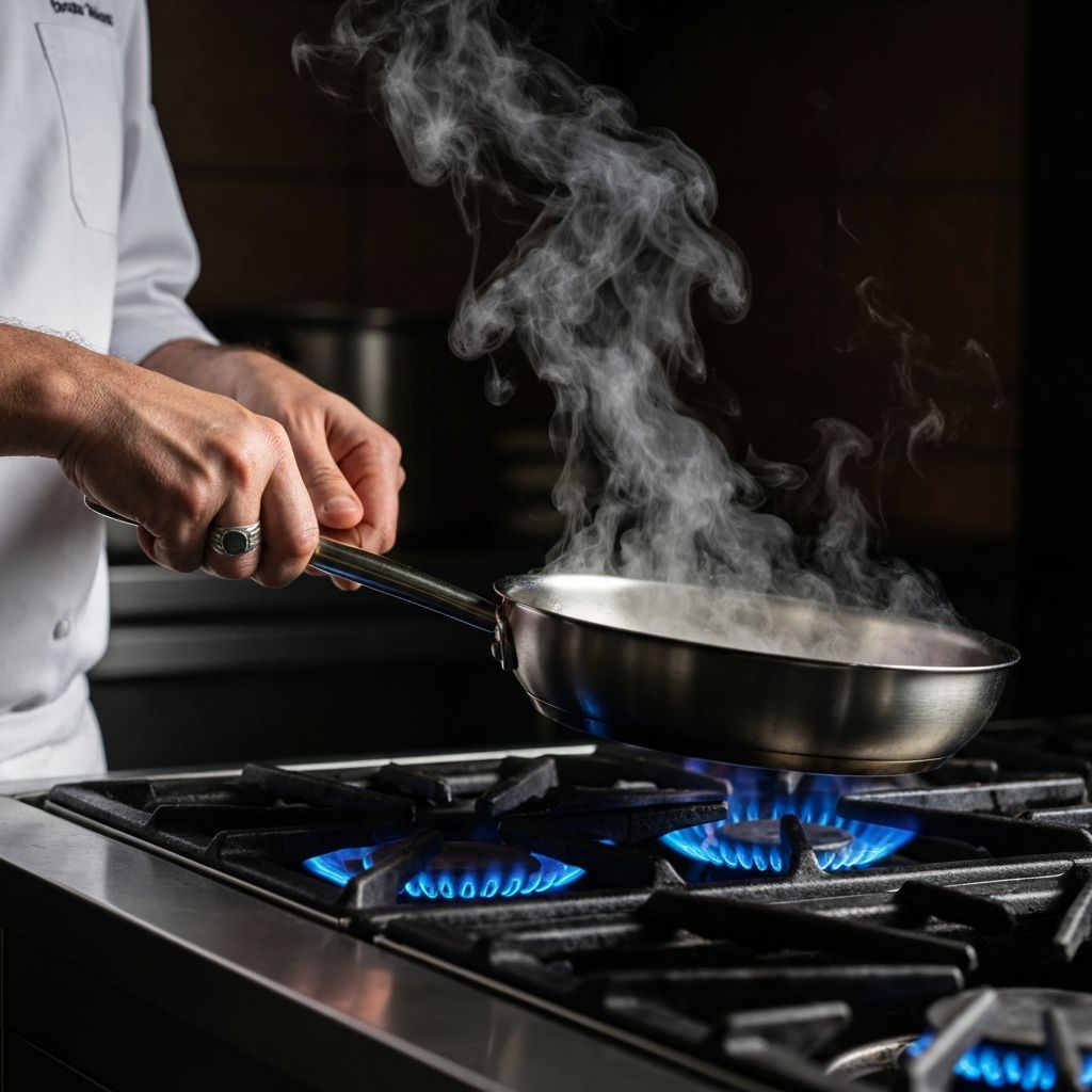 Professional chef cooking with All-Clad stainless steel skillet on gas stove